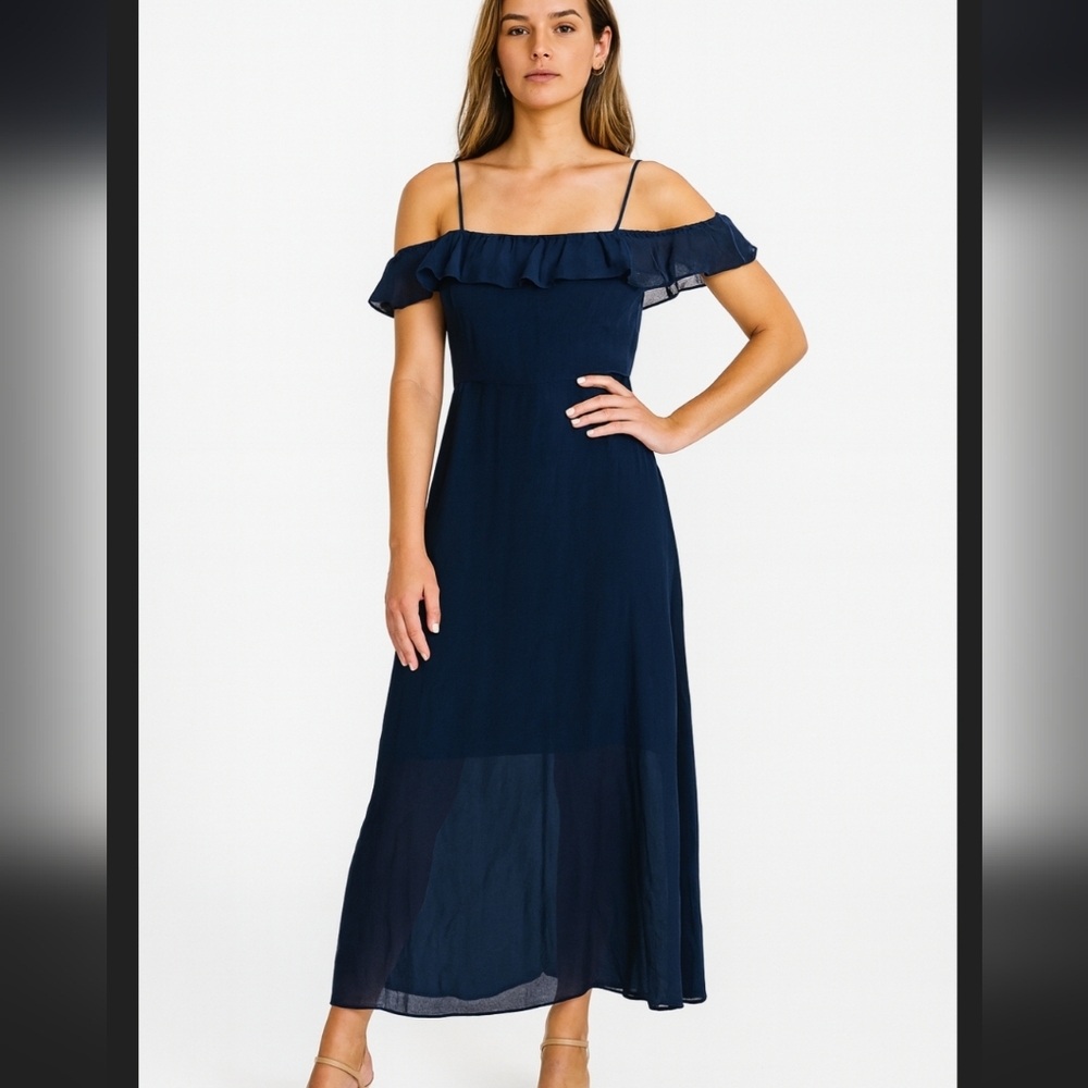Reformation Off The Shoulder Ruffle Midi Dress in Navy Blue